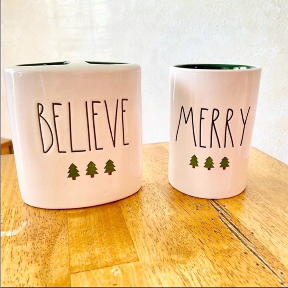 Rae Dunn MERRY Ceramic Cup & BELIEVE Ceramic Divided Holder BRAND NEW!!